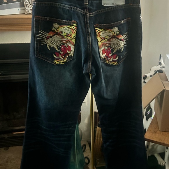 Christian Audigier × Ed Hardy Vintage Denim Jeans Big Logo Embroidered y2k -32 - Picture 1 of 12